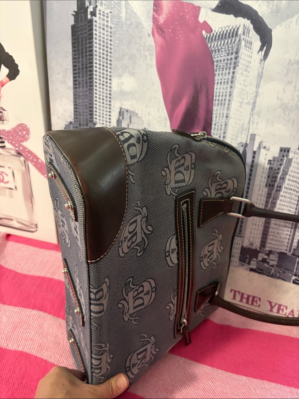 Dooney & Bourke denim blue Logo Satchel with Brown Trim and Matching Wristlet - Picture 6 of 15